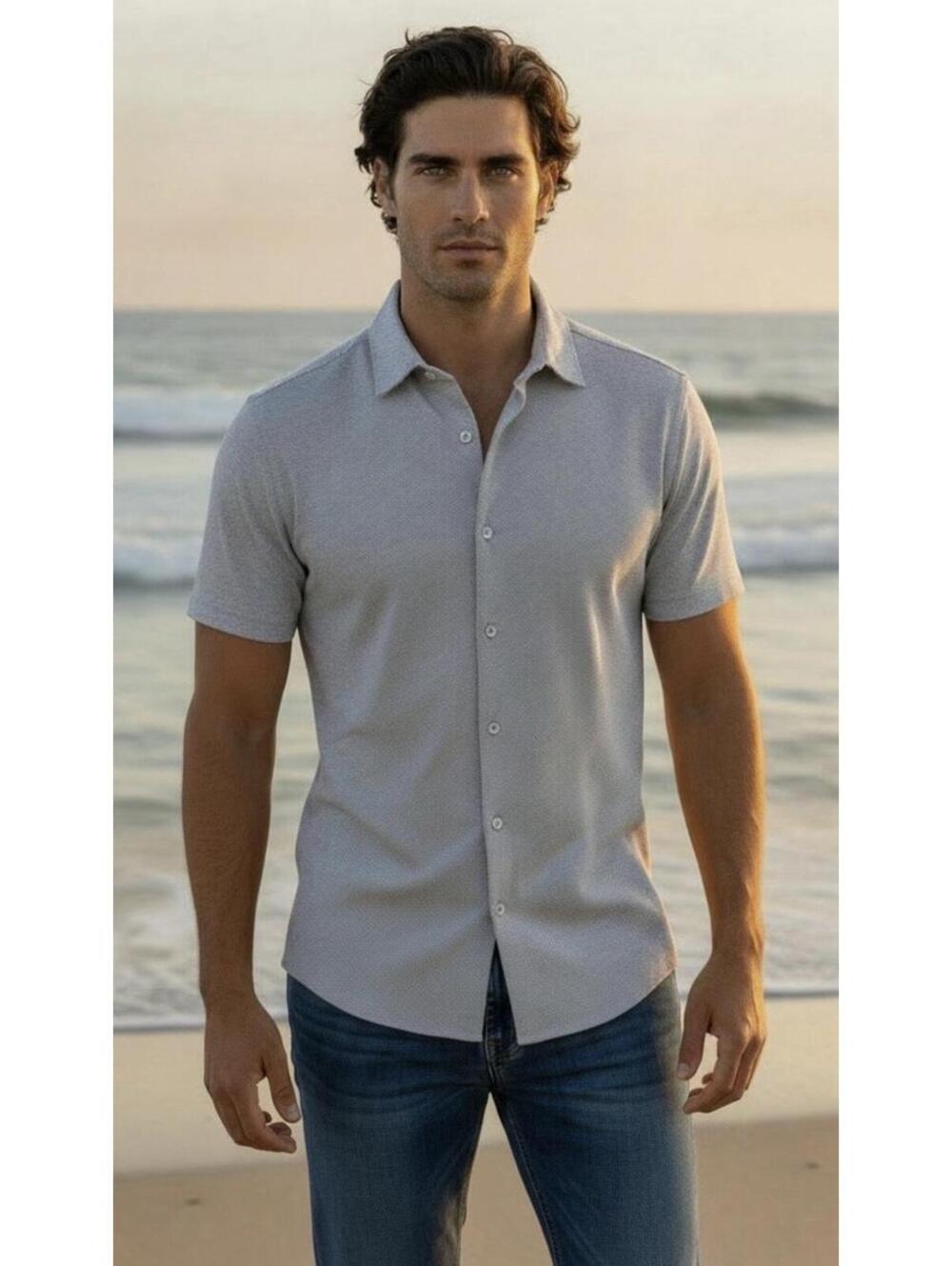 TAHARI NWT Men’s Soft Jacquard Knit Textured Cotton Blend Button Up In Gray-LG